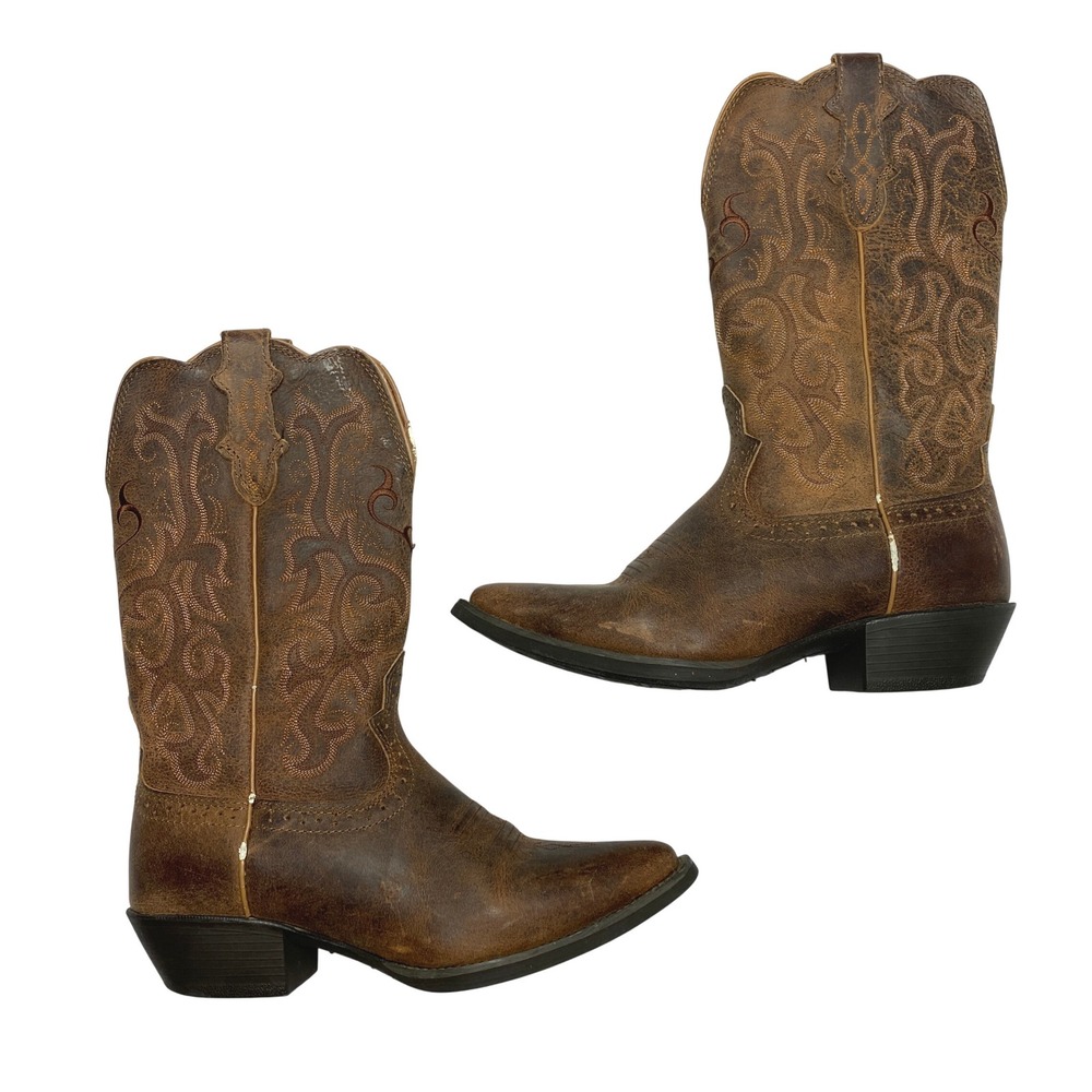 Roper Cowboy Boots Womens 8 Brown Leather Embroidered Pointed Toe Distressed